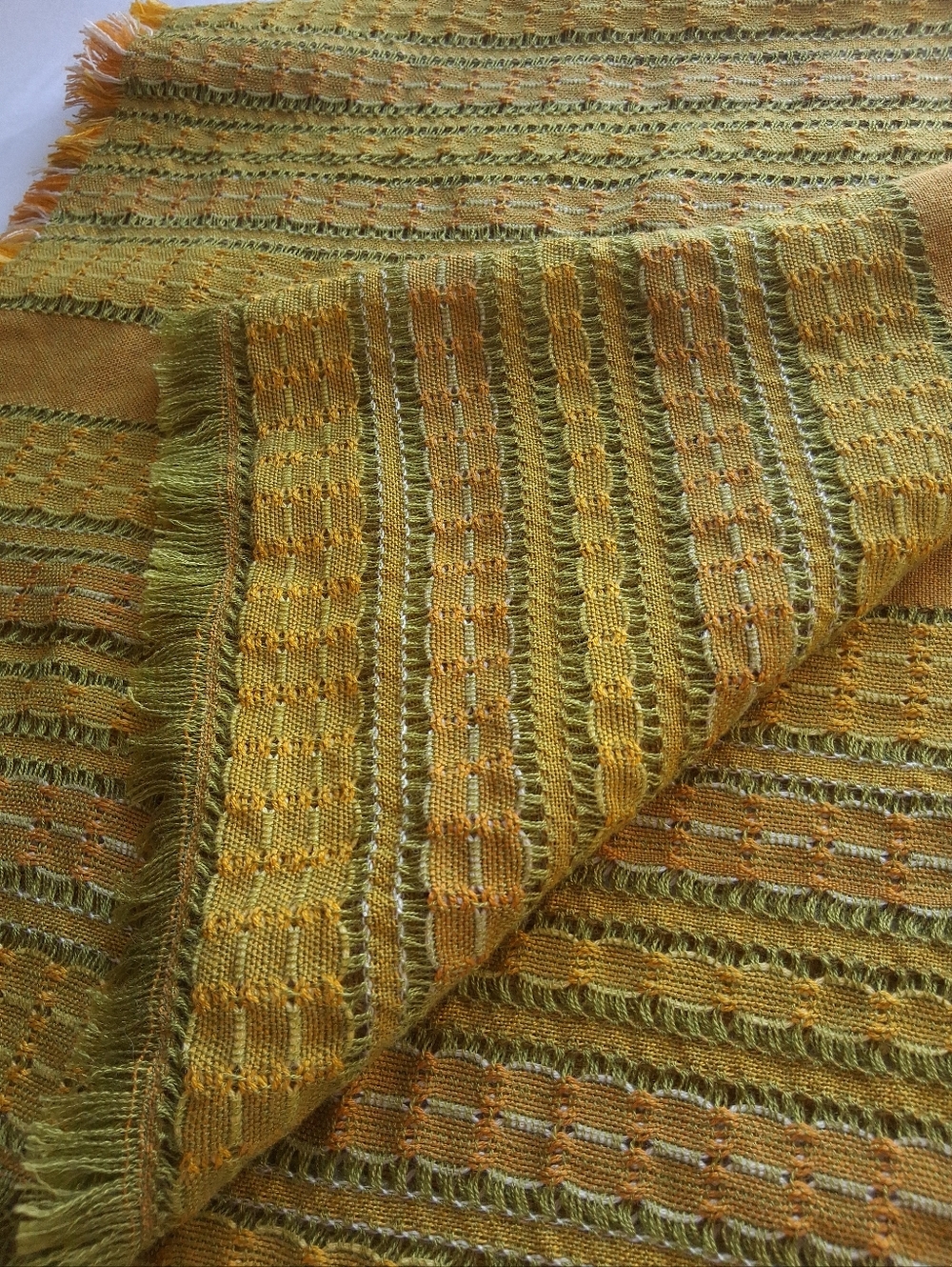 Vintage Tablecloth or Throw Woven Fringed Green Yellow & Orange Square retro 70s - Picture 4 of 12